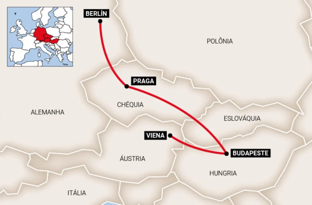 Roteiro pelo Leste Europeu: mapa com as principais cidades de uma viagem por Berlim, Praga, Viena e Budapeste, passando por Alemanha, República Tcheca, Áustria e Hungria.
