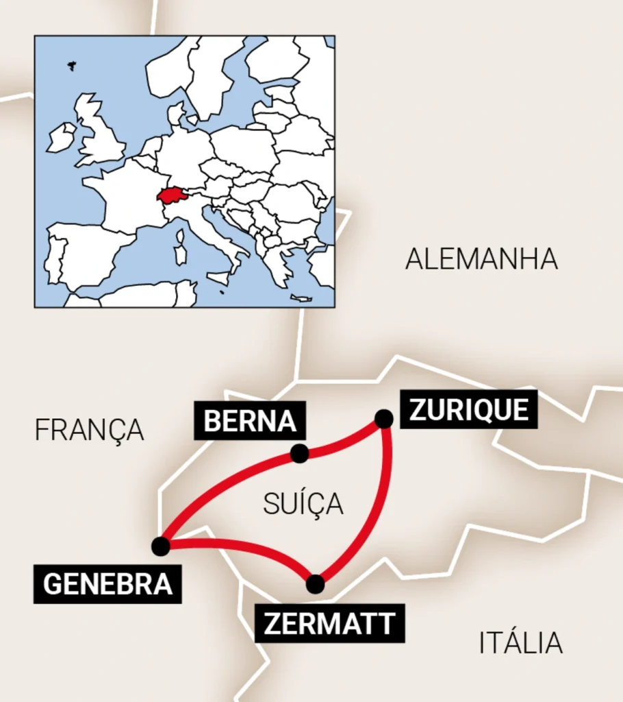 Mapa da rota percorrida neste pacote para Suíça com Glacier Express