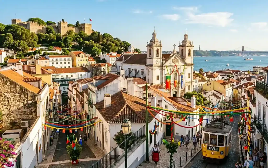 O centro histórico de Lisboa reúne paisagens tradicionais portuguesas, ruas de pedra, elétricos amarelos e edifícios centenários. A vista destaca o Castelo de São Jorge, no alto da colina, e a arquitetura característica dos bairros antigos da capital.