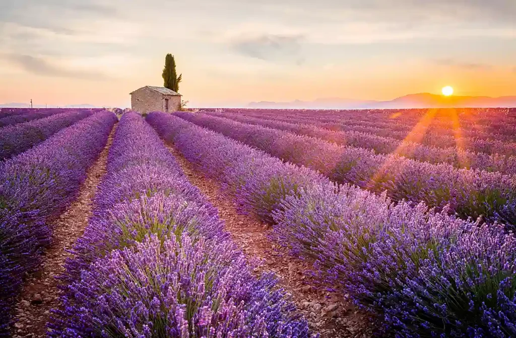 Campos de lavanda da Provence, no sul da França, durante a floração de verão, com fileiras de flores violetas iluminadas pelo pôr do sol. A paisagem reúne uma pequena casa de pedra, um cipreste e montanhas no horizonte, elementos típicos das áreas rurais provençais. Os campos de lavanda estão entre os cenários mais procurados para fotografias e viagens pela Provença.