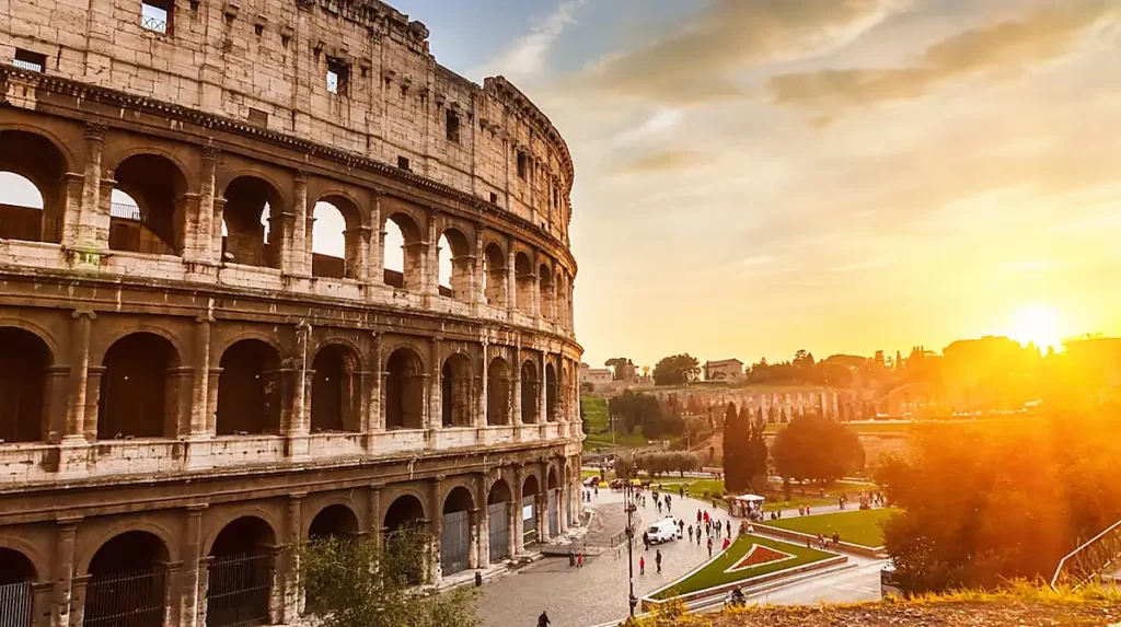 O Coliseu, no centro histórico de Roma, Itália, é um dos monumentos mais emblemáticos do Império Romano. Construído no século I d.C., o anfiteatro impressiona por sua arquitetura monumental e é uma das principais atrações turísticas da capital italiana.
