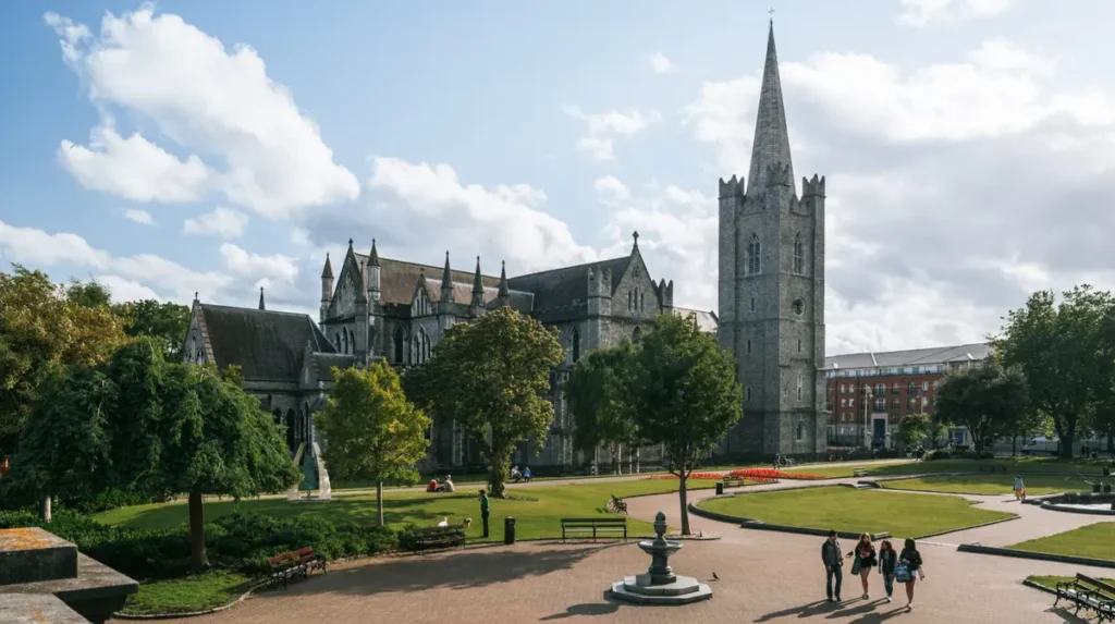 St. Patrick's Cathedral, uma das principais atrações históricas de Dublin, cercada por jardins e áreas verdes. A catedral é um importante exemplo da arquitetura gótica irlandesa e um dos monumentos religiosos mais conhecidos do país.