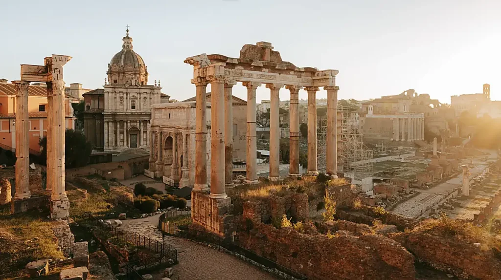 O Fórum Romano foi o centro político, religioso e comercial da Roma Antiga. Localizado entre o Monte Palatino e o Capitólio, reúne templos, colunas, arcos e ruínas que revelam a história da civilização romana.