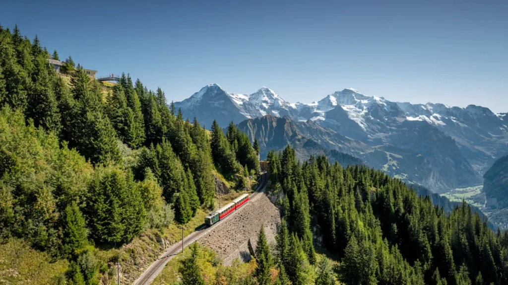 Trem turístico de montanha atravessando uma encosta coberta por florestas de coníferas na região de Interlaken, no Oberland Bernês, Suíça. A ferrovia serpenteia entre árvores e terrenos montanhosos, enquanto os picos nevados dos Alpes Berneses dominam o horizonte. A paisagem destaca a combinação entre transporte ferroviário histórico, natureza alpina e vistas panorâmicas que fazem da região de Jungfrau um dos destinos mais procurados para passeios de trem na Suíça.